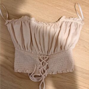 Urban Outfitters Cream Drawstring Smocked Crop Top